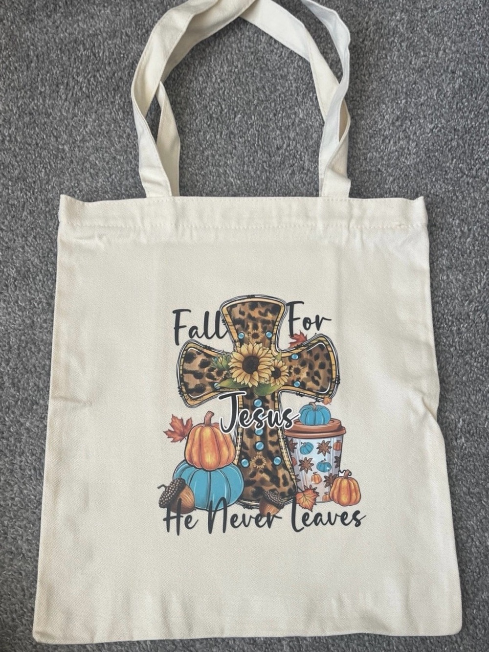 Canvas Tote Bag - Cream "Fall For Jesus" Cross Print